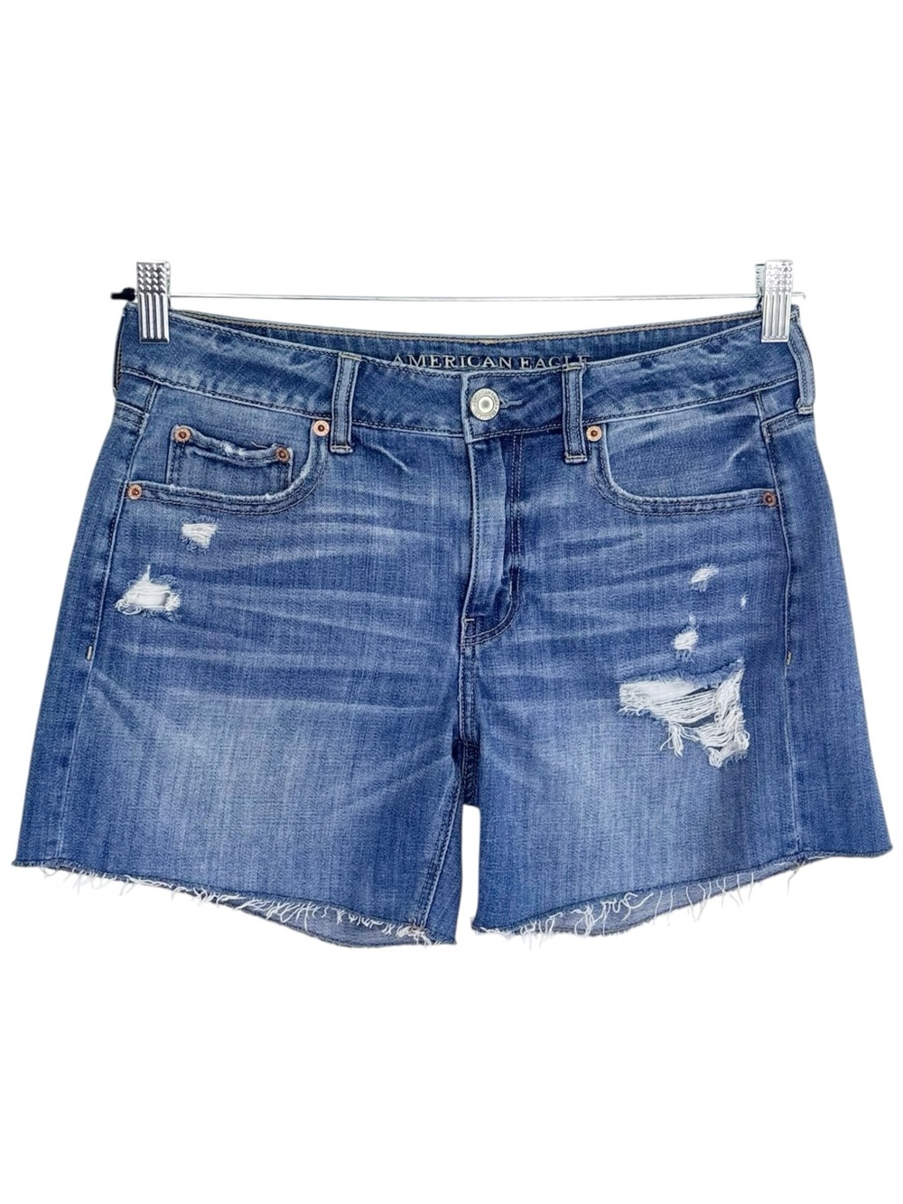AMERICAN EAGLE Tomgirl Midi Distressed Denim Jean Shorts Raw Hem Size 6